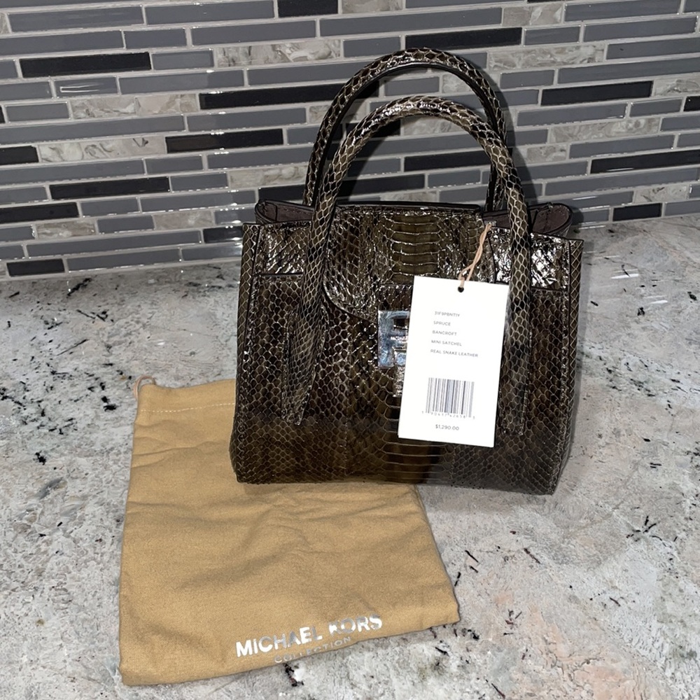 Michael Kors Olive Green Snake-Embossed Leather Satchel